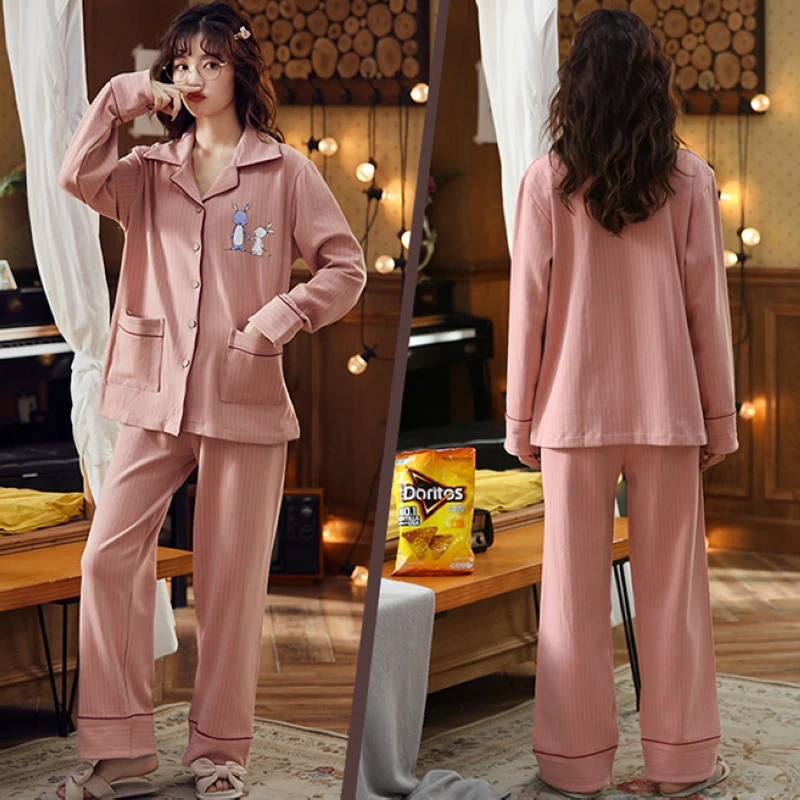 

Ladies pajamas autumn and winter new long-sleeved cotton lapel cardigan home service female student sweet and cute casual suit