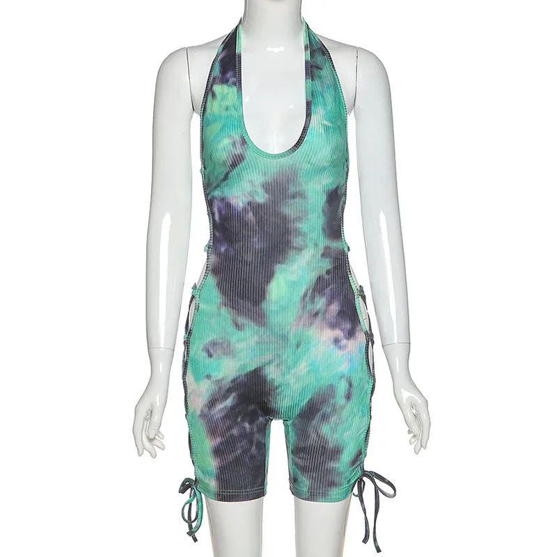 

92P1737208 Summer fashion and leisure new women's print neck hanging sexy open back lace up hollow high waist Jumpsuit