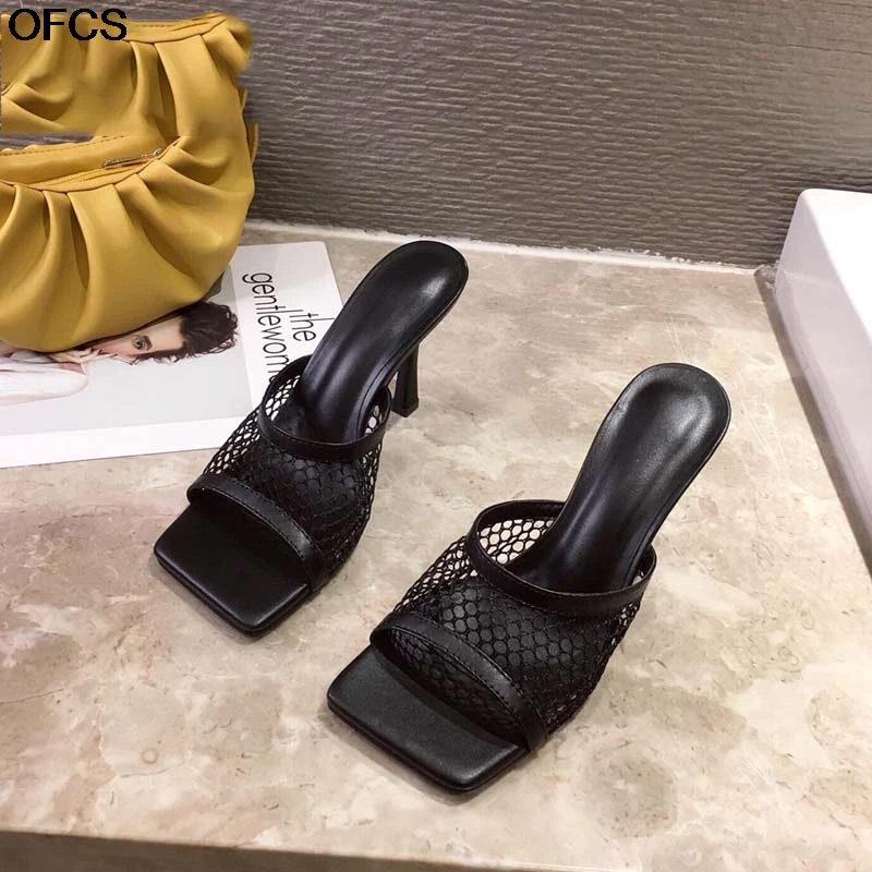 Сетчатые шлепанцы на высоком каблуке Новинка Пикантные босоножки из