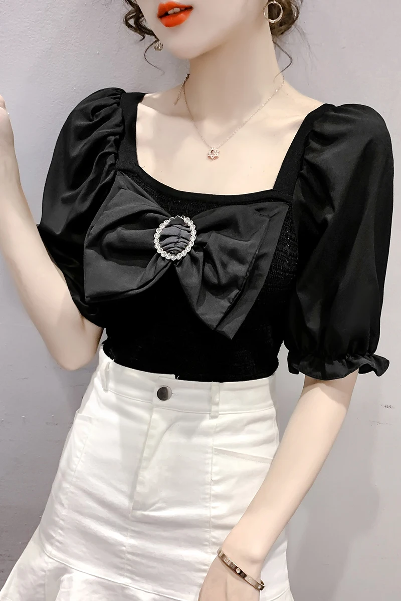 

COIGARSAM Short Sleeve blouse women New Summer Bow blusas womens tops and blouses Black White 738