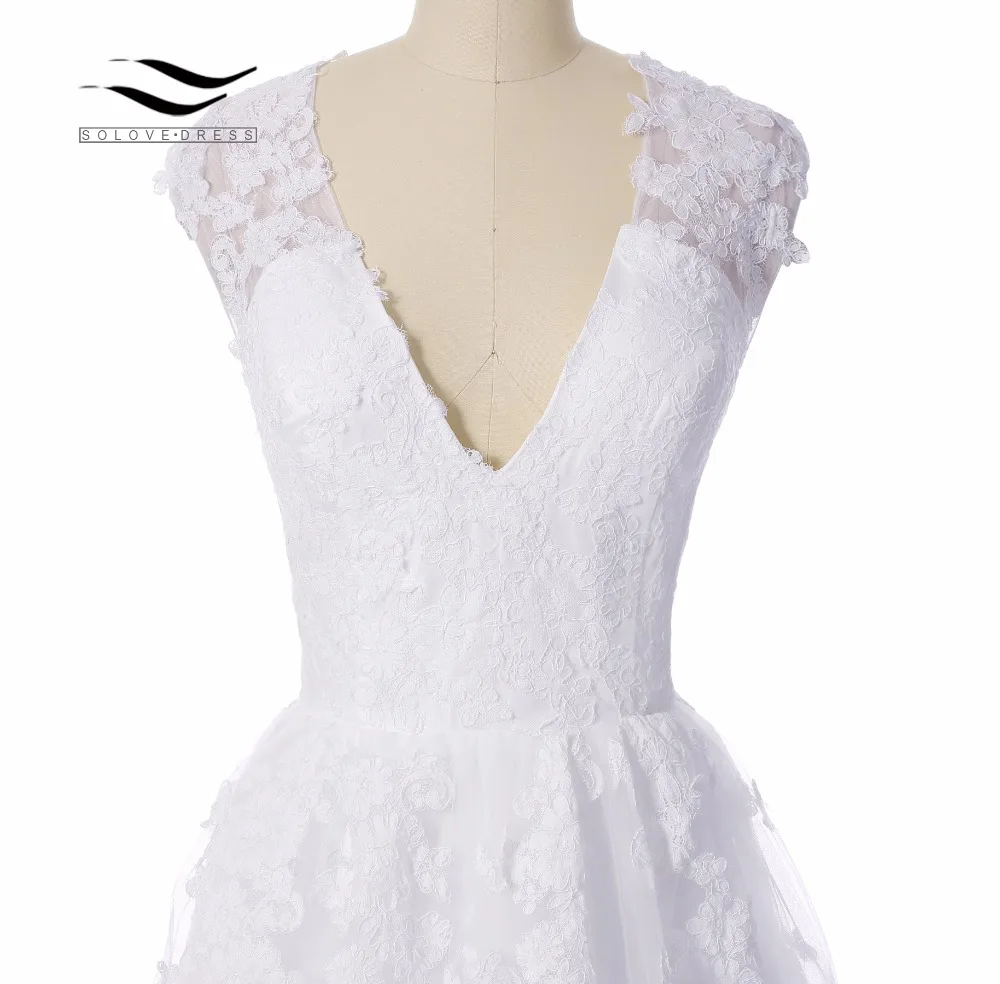 Женское кружевное свадебное платье элегантное фатиновое с V-образным вырезом