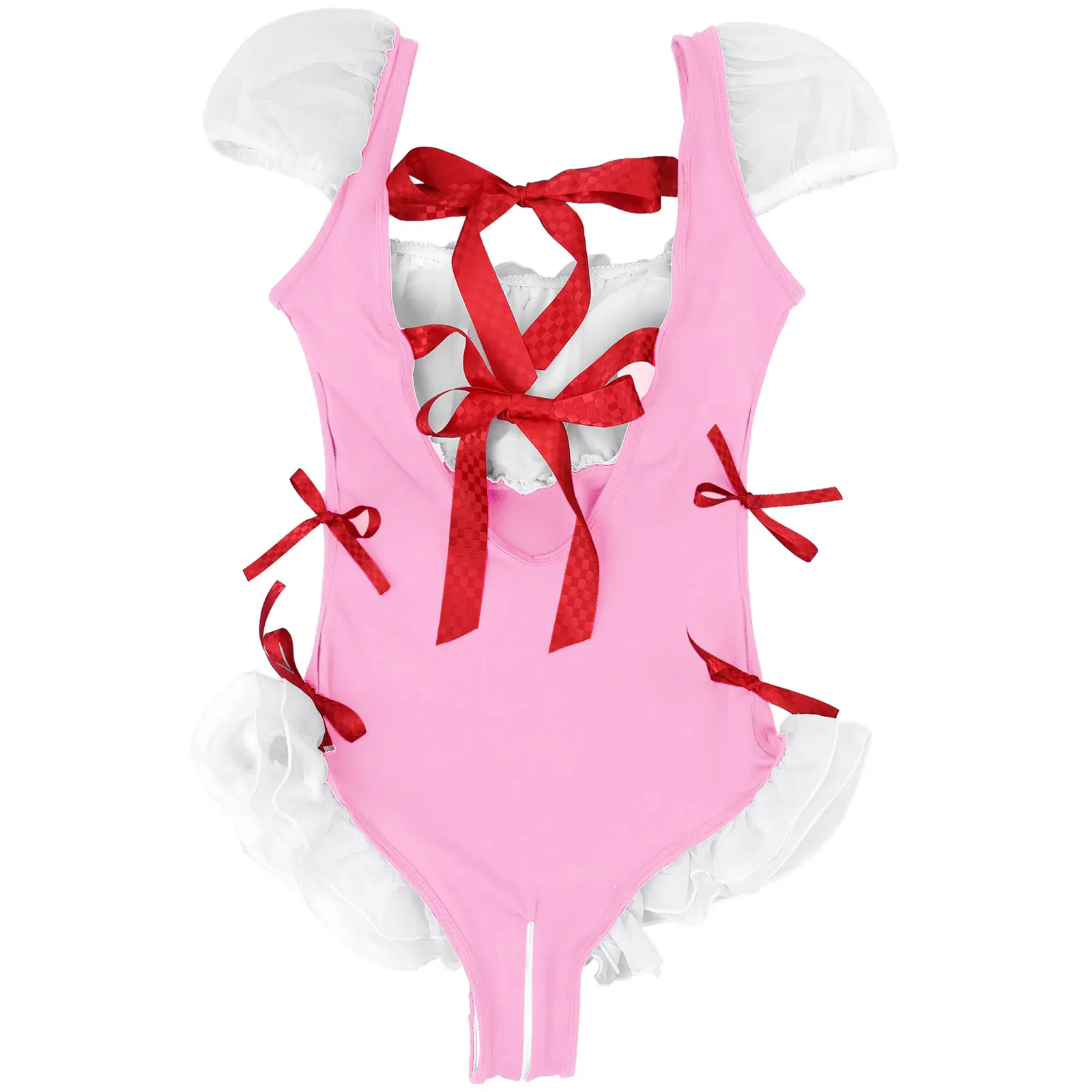 

Womens Lingerie Maid Cosplay Costume Bowknot Ruffle Role Play Fancy Dress Ball Puff Sleeve Pleated Bodysuit Lingerie Nightwear