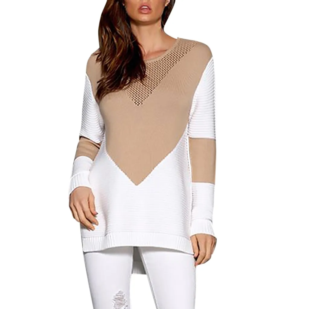 women's sweater knitted KLV Women's Knit Sweater Fashion Long Sleeve Colorblock Cutout Wrap Pullover 9.4 | Женская одежда