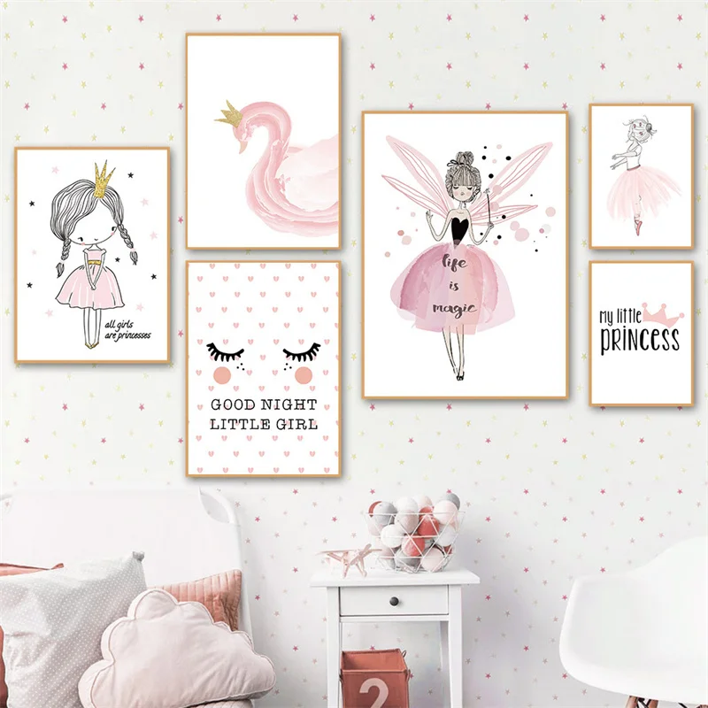 Настенные плакаты в скандинавском стиле с изображением розовой балерины девушки
