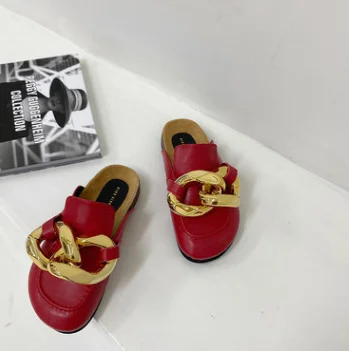 

Sandals Brand Designed Women's Slippers Fashion Big Gold Chain Sandals Shoes Mul Round Toe Slippers Flat Heel Casual Slippers