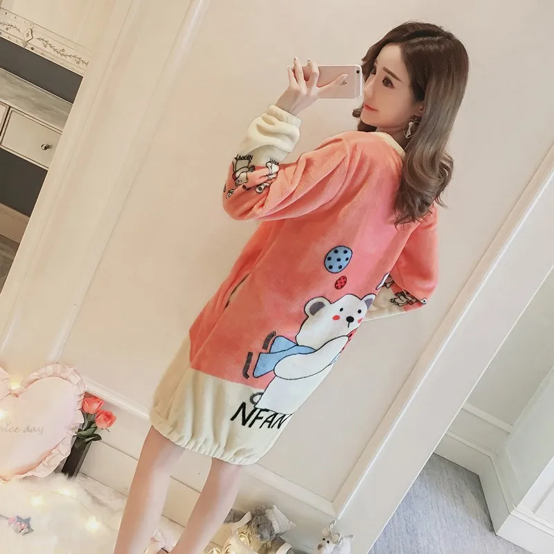

Winter New Long Sleeve Women Nightgown O Neck Cute Cartoon Bear Thick Flannel Nightdress Coral Velvet Female Warm Nigh Sleepwear