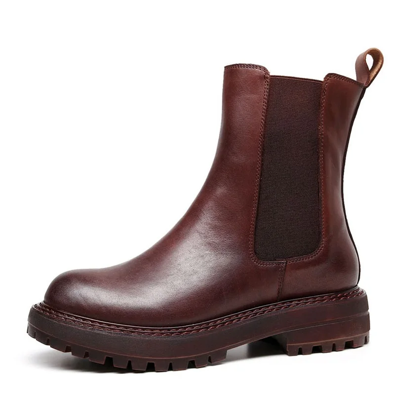 

Fashion Autumn Women Ankle Boots New Handmade Genuine Leather Slip on Chelsea Boots Women Mid-calf Casual Platform Boots