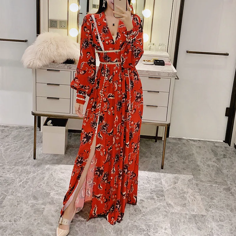 Женское Макси-платье, винтажное, Vestidos, Осеннее, женское, новое, с v-образным вырезом, с красным принтом, с жемчужинами, с разрезом, с длинным рукавом, Пляжное, длинное платье