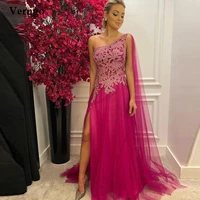 verngo fushcia tulle long prom dresses one shoulder lace applique beads side slit evening gowns 2021 formal occasion dress