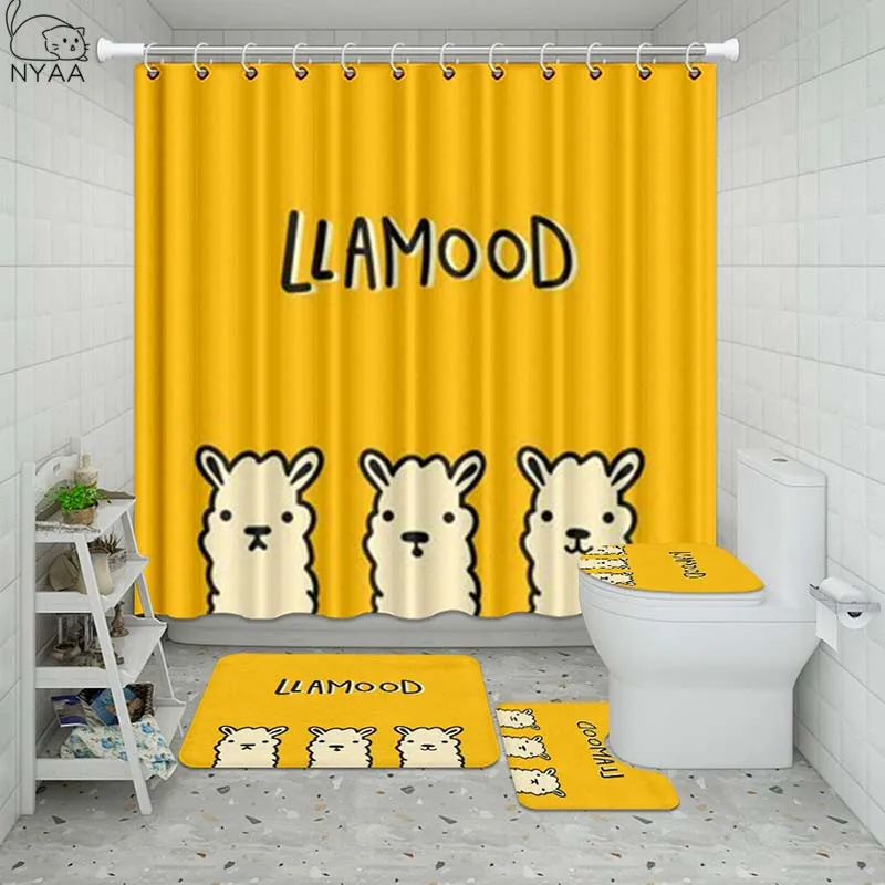 

Vixm Llama Alpaca Animal Bathroom Waterproof Shower Curtain Set Pedestal Rug Lid Carpet Toilet Cover Set Bath Curtain Mat Set