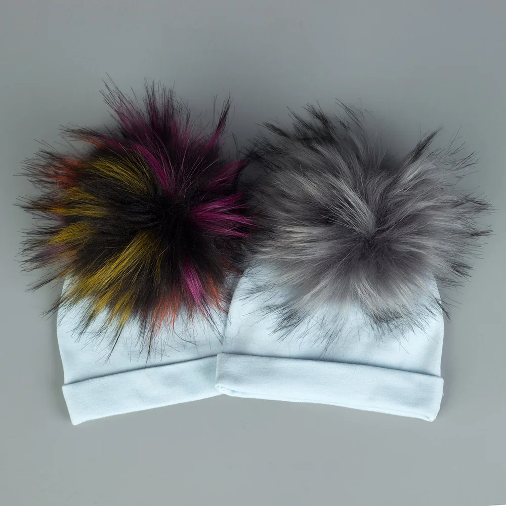 

Solid Cotton Newborn Hat Faux Fur Baby Cap Pompom Bobble Hat For Kids Winter Boys And Girls Caps Artificial Fur Children's Hats