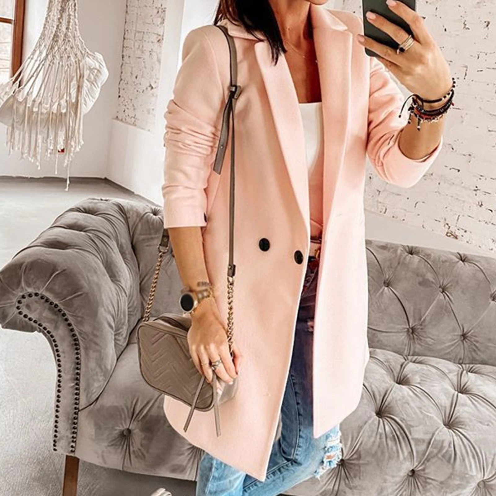 

Women Autumn Winter Solid Color Long Sleeve Button Lapel Pocket Coat Jacket