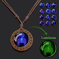 esspos 12 constellation necklace vintage luminous astrology glass cabochon wooden handmade necklaces for women men birthday gift