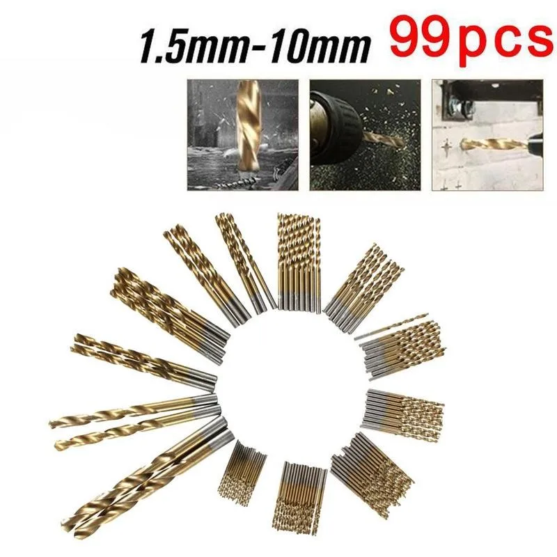 

High Speed Steel Titanium Plated Twist Drill Bit Straight Shank Bit Hand Drill 1.5-10.0mm Electric 99pcs Drill K9B3