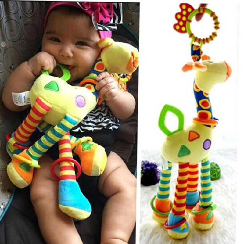 

New Plush Infant Baby Development Soft Giraffe Animal Handbells Rattles Handle Toys Hot Selling WIth Teether Baby Toy