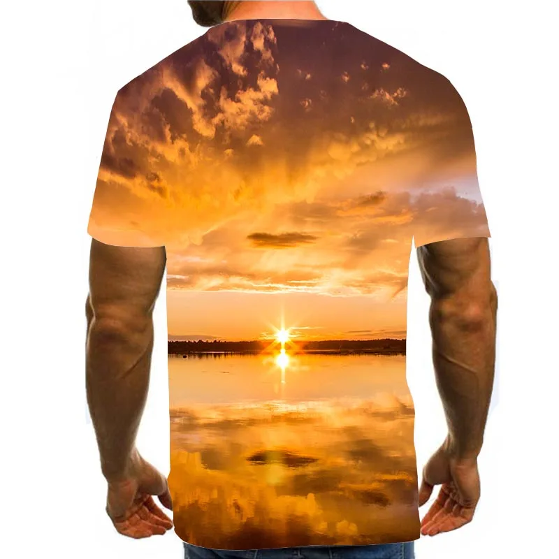 

Men Graphic T Shirts Round Neck 3D Print Short Sleeve Daily Orange Tops Sunest Tees