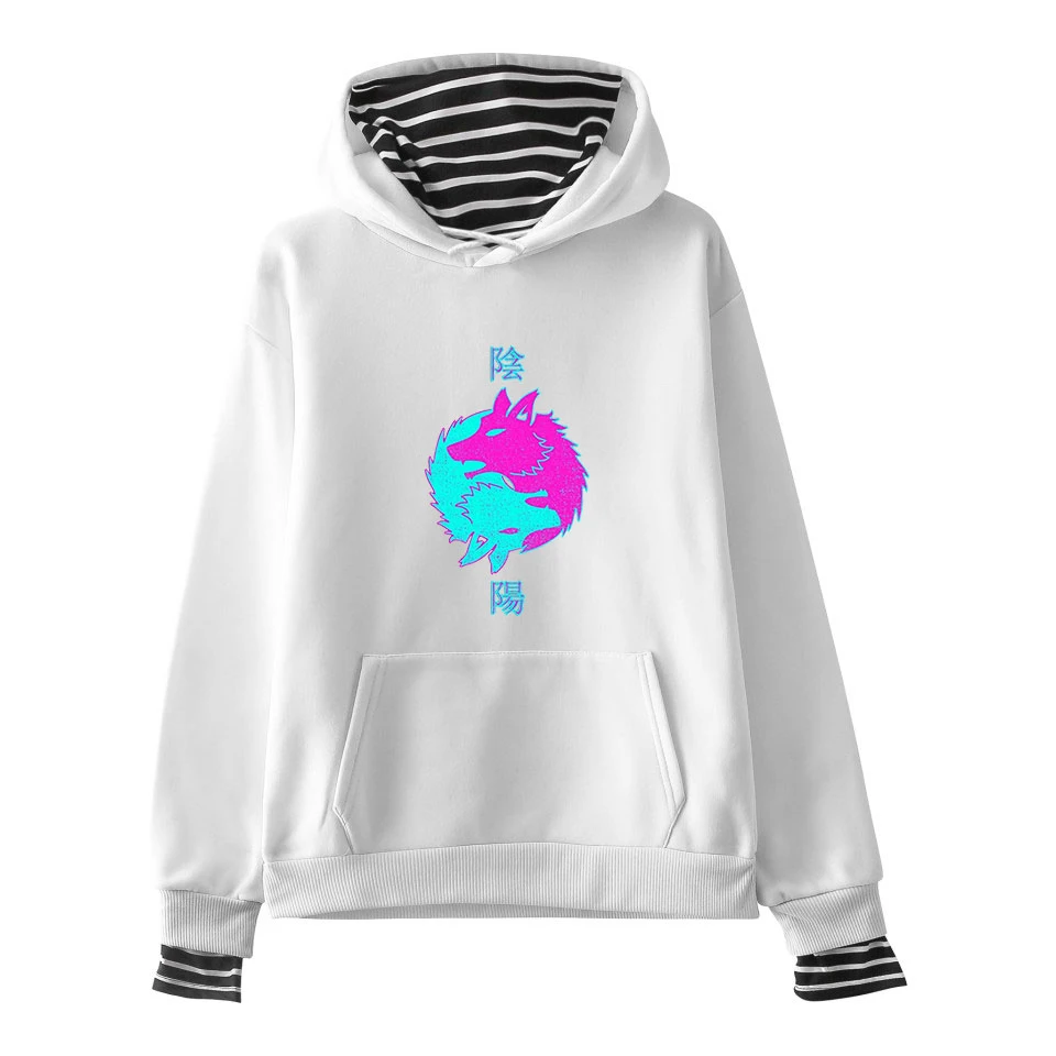 

Vaporwave High Quality Fake Two Piece Hoodies Women Long Sleeve Hooded Sweatshirt 2020 New Arrival Trendy Style Streetwear