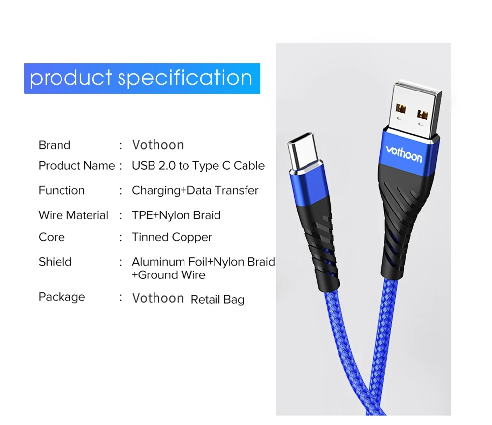Vothoon 3A Быстрая зарядка type C USB кабель для samsung S10 Xiaomi Redmi Note 7 type C кабель для зарядки мобильного телефона USB C кабель