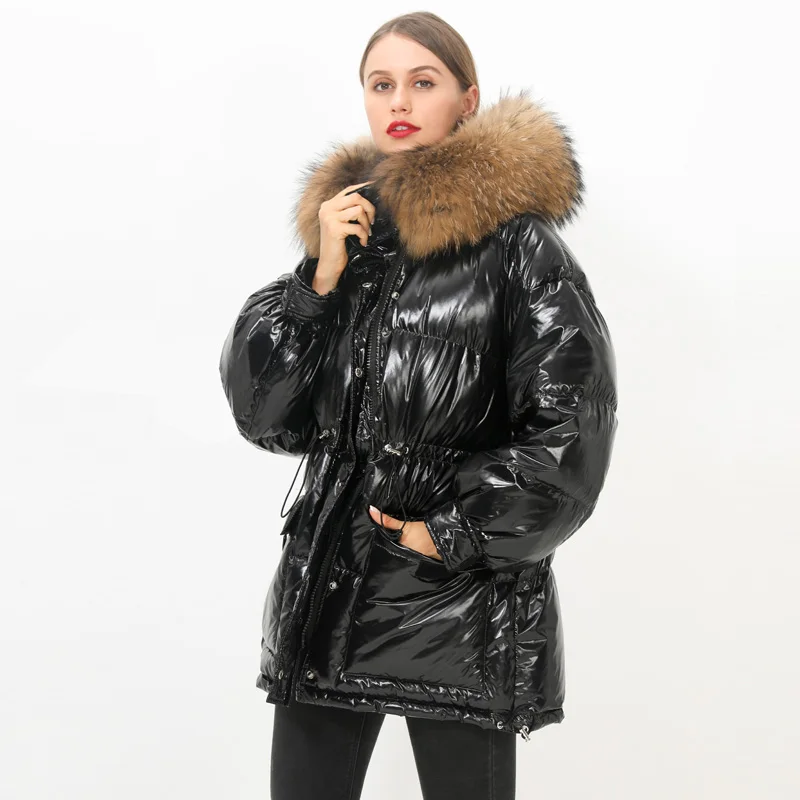 Large Natural Raccoon Fur Collar Hooded Women's Down Jacket 90% White Duck Coat Waterproof Shiny Puffer Parkas For Female | Женская