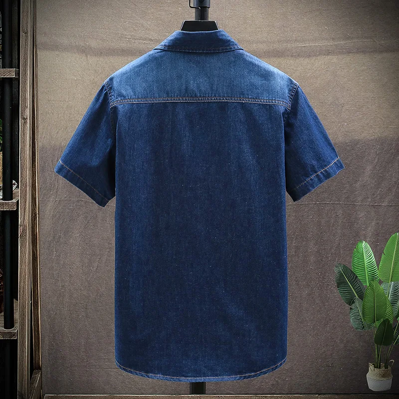 

Men's Blue Denim Shirts Short Sleeve Jean Shirts New Summer High Quality Men Cotton Light Blue Denim Shirts Size 3XL