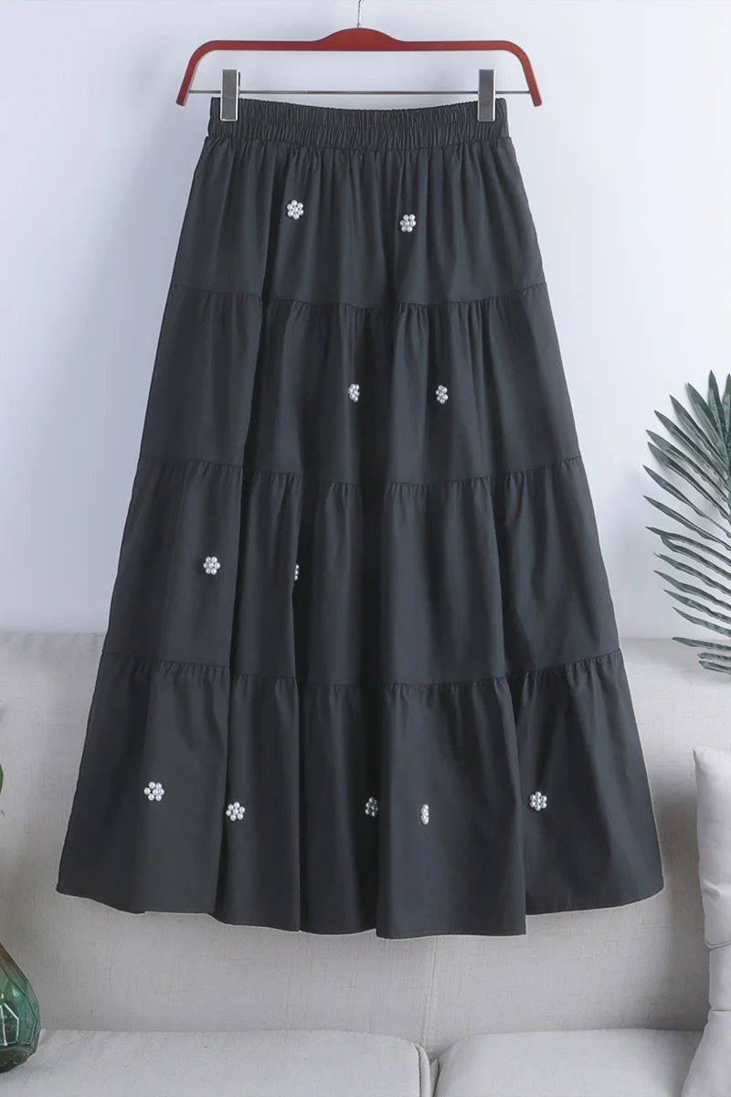 

Mid-Length Black Pleated Skirt Early Spring New Big Swing Skirt High Waist Thinner Bead Stitching A-Line Skirt Female 726