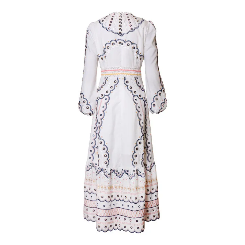 

New Fashion 2020 Women Linen Autumn Stand Lantern Sleeve Dot Embroidery White Dress Hollow Out Vintage Casual Mid-calf Dress