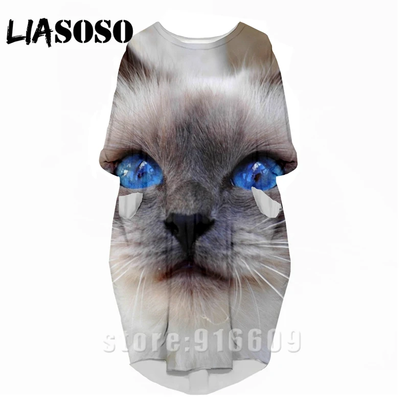 

LIASOSO 3D Print Fashion Funny Shirt Suit Rock Harajuku Animal Cat Women Anime Kitty Gown Lady Clothing Party Long-Sleeved Dress