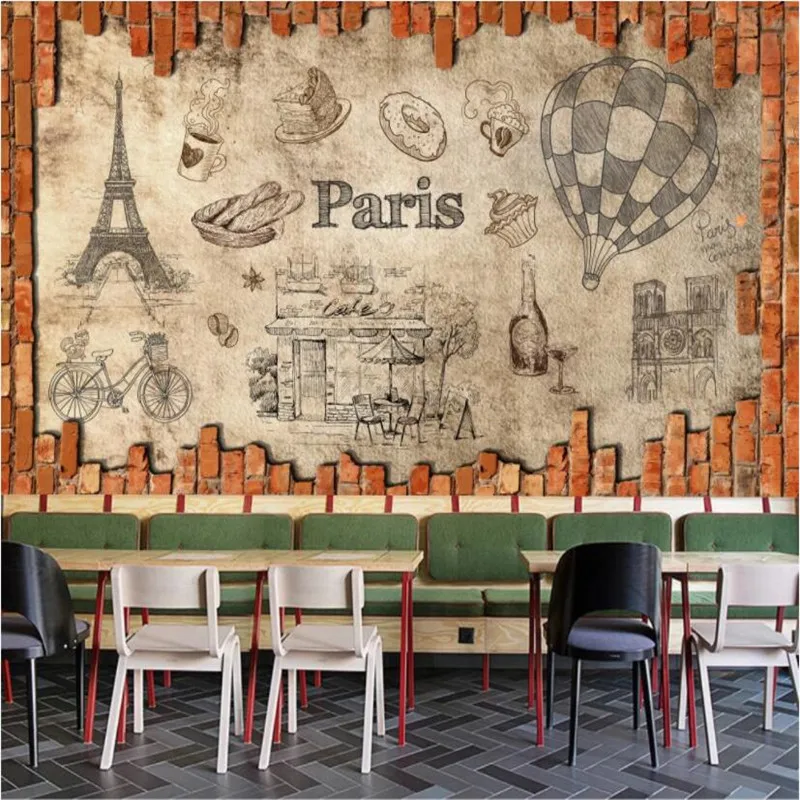 Ретро ручной рисунок Париж воздушный шар кофейный дом кирпичная стена бумага