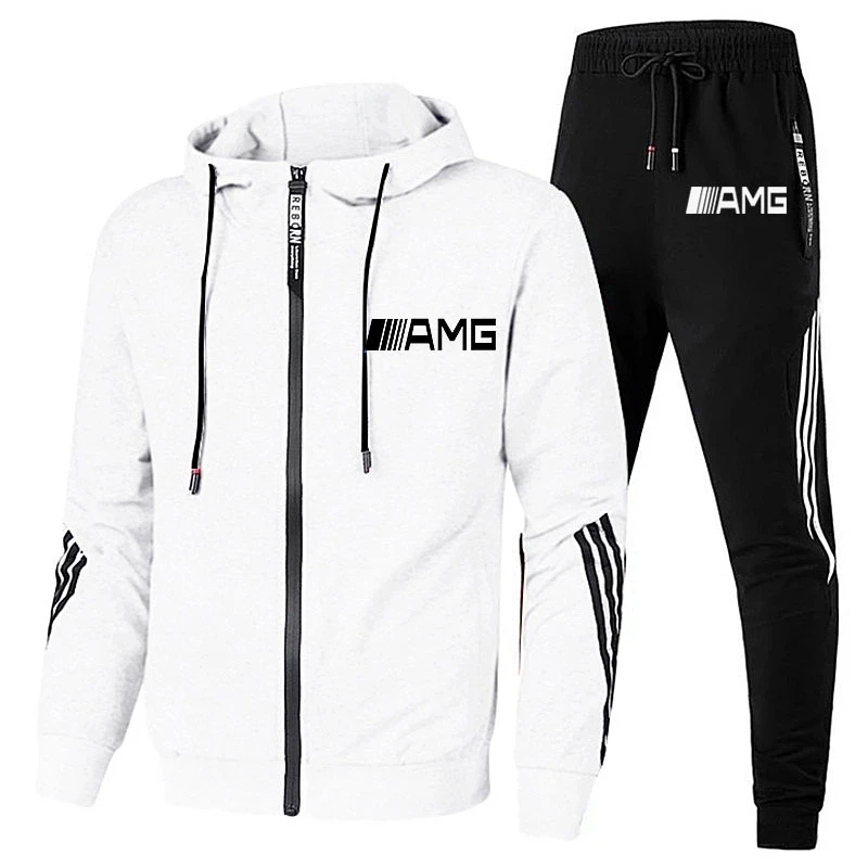 

2021 New Men's Sweatshirt Zipper Hoodie + Pants Two Pieces Casual AMG Logo Print Sportswear Men's Sportswear Gym Set