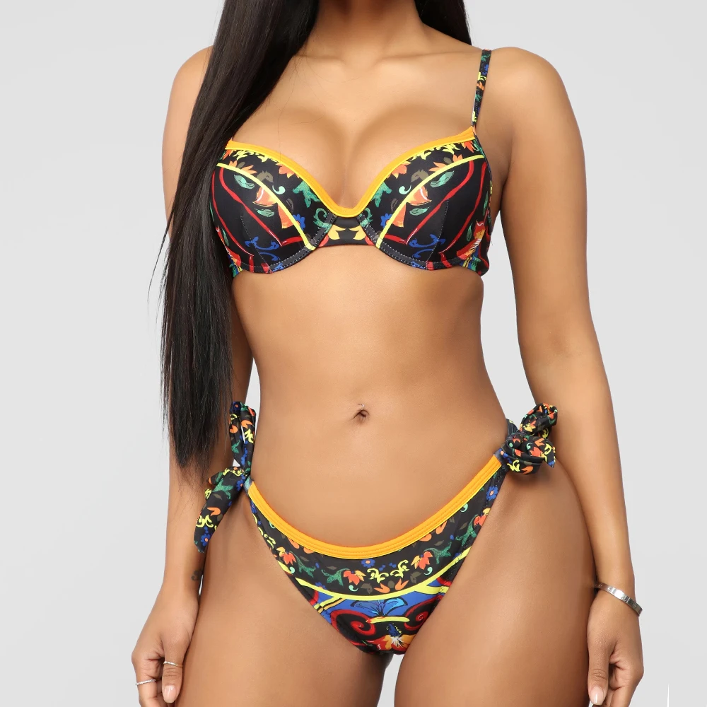 Женский раздельный купальник пуш ап Раздельный с принтом в стиле пэчворк пляжная