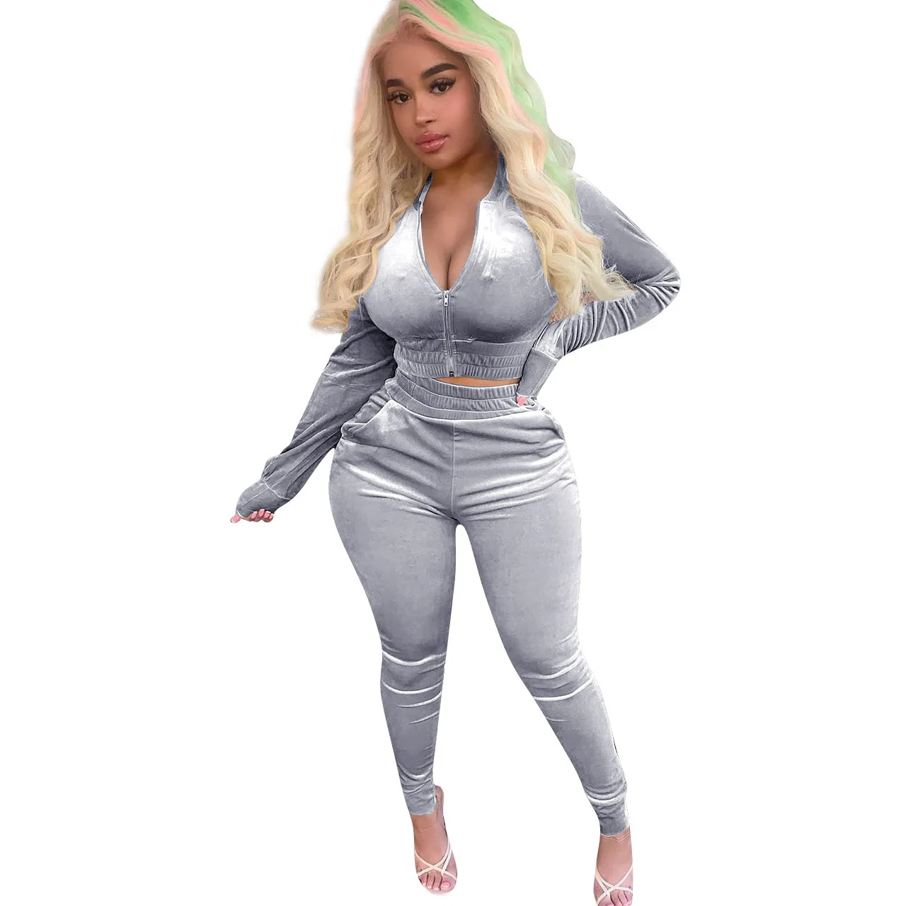 

YICIYA 2021 Velvet Tracksuit Juicy 2 Piece Set Women Two Piece Velvet Suits Long Sleeve Zipper Top & Casual Jogger Pants Set