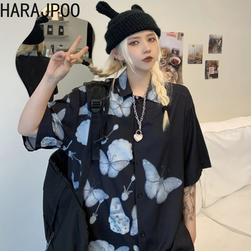 

Harajpoo Women Shirts Korean INS High Street Retro Butterfly Print Harajuku Design Sense Lovers Casual Loose Short Sleeve Tops