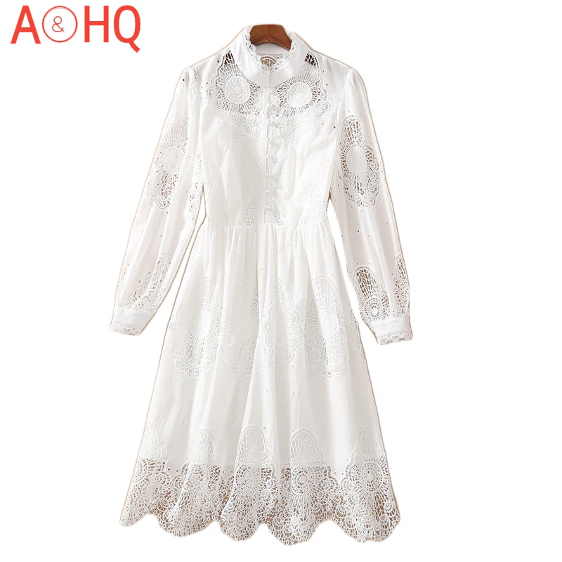 

Fashion White Lace Dress 2021 Spring Autumn New Long Sleeve Elegant Chic Women'S Dresses Knee Length