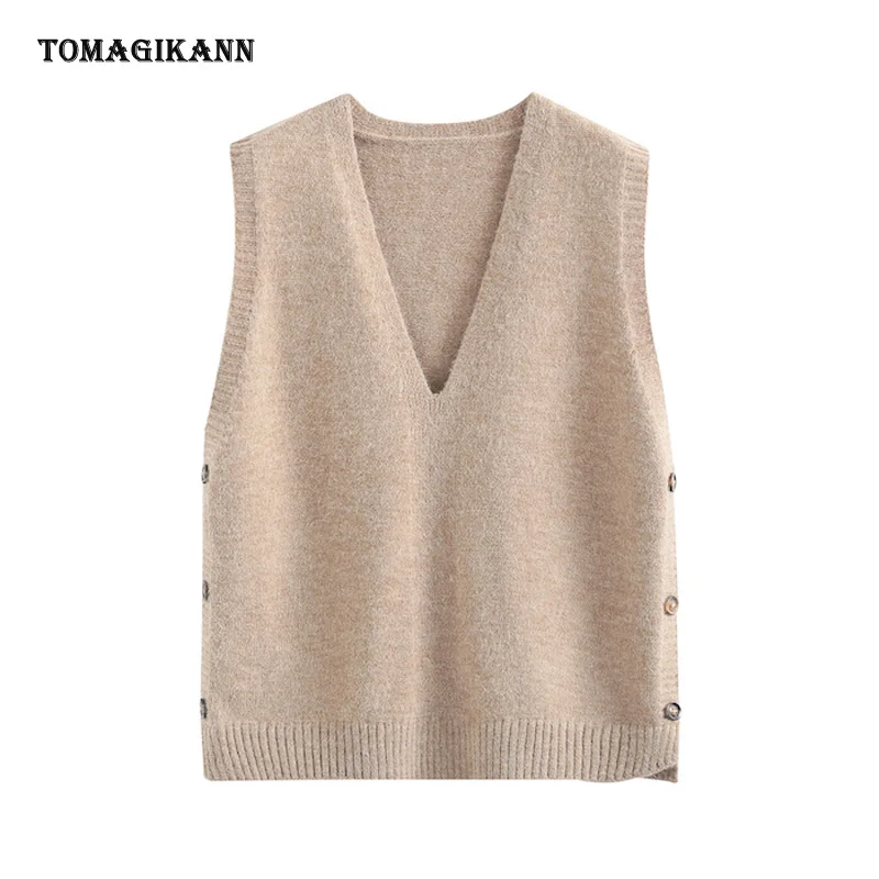 

Knit Vest Casual Preppy Style Casual Solid Side Buttons V Neck Sweater Waistcoat 2021 Autumn Knitwear Pullovers Tops