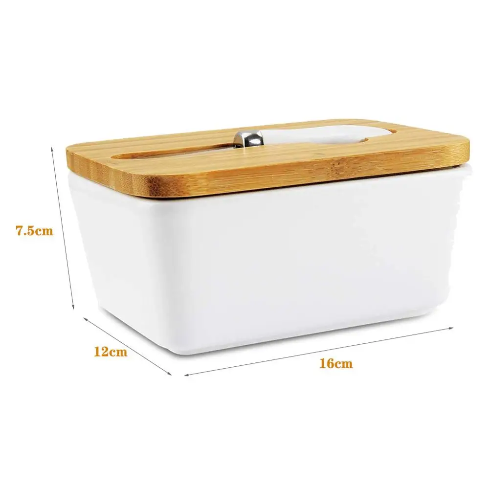 

Porcelain Butter Dish Large Butter Keeper Container with Wooden Lid and Steel cutter Butter Holder in Kitchen Keep Butter Fresh