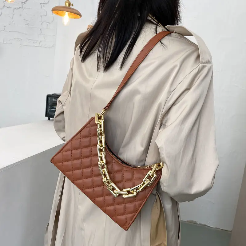 

Fashion Lattice Pattern Women PU Shoulder Bag Casual Portable Female Chain Totes Leather Travel Underarm Shopping Pouch