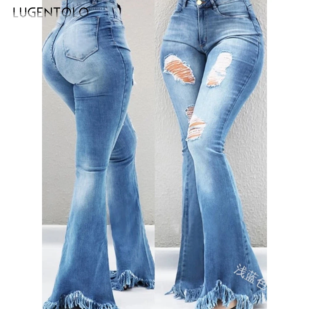 

Lugentolo Womens High Waist Jeans Washed Vintage Ripped Tassel Slim Fashion Plus Size Autumn New Flared Jeans