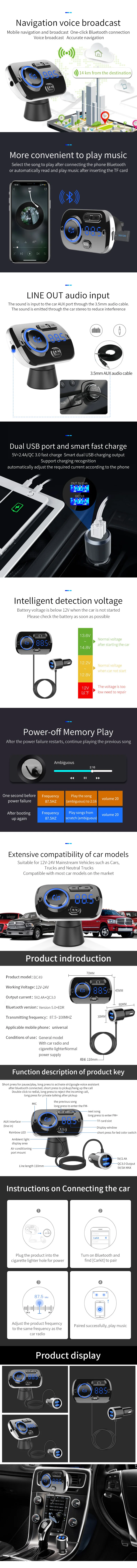 Многофункциональный автомобильный комплект aux Usb bluetooth 5,0 fm-передатчик модулятор с QC3.0 автомобильное зарядное устройство для устройства Handsfree bluetooth телефон