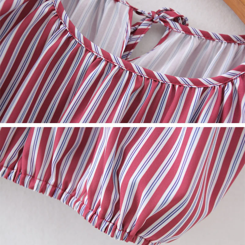 

Casual Red Stripe print Women Crop tops 2020 Summer Loose O-neck Female Sleeveless Tops shirt Elastic Waist Tops INKEO 9T113