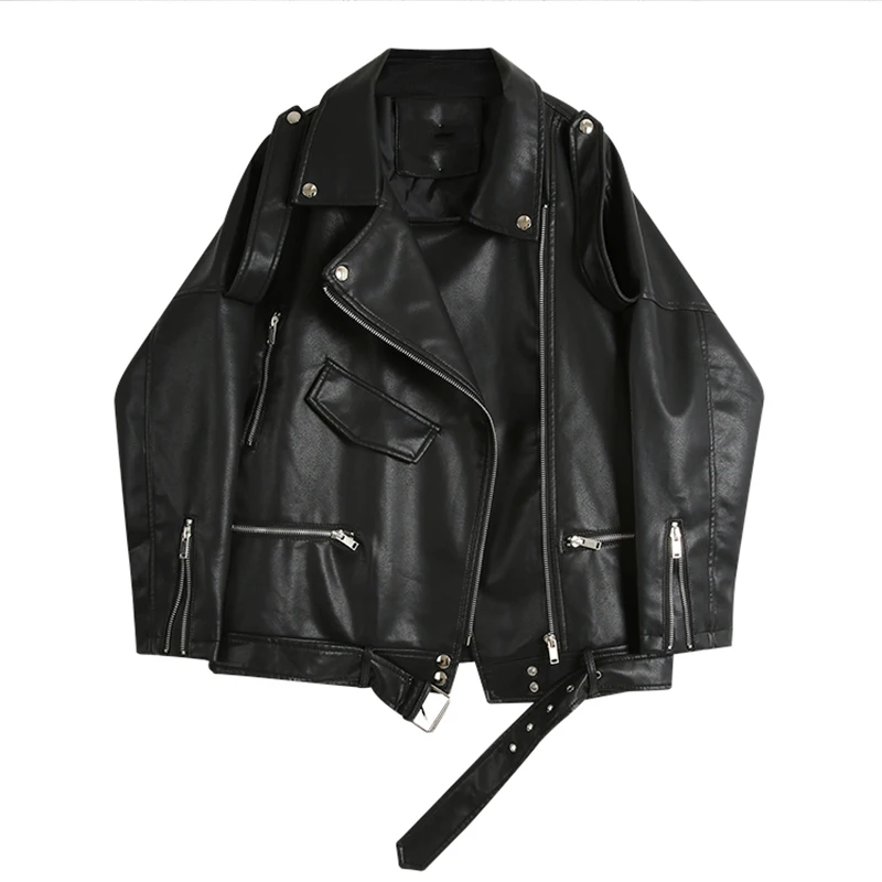 

PU Faux Leather Jacket Women Loose Sashes Casual Biker Jackets Outwear Female Tops BF Style Black Leather Jacket Coat