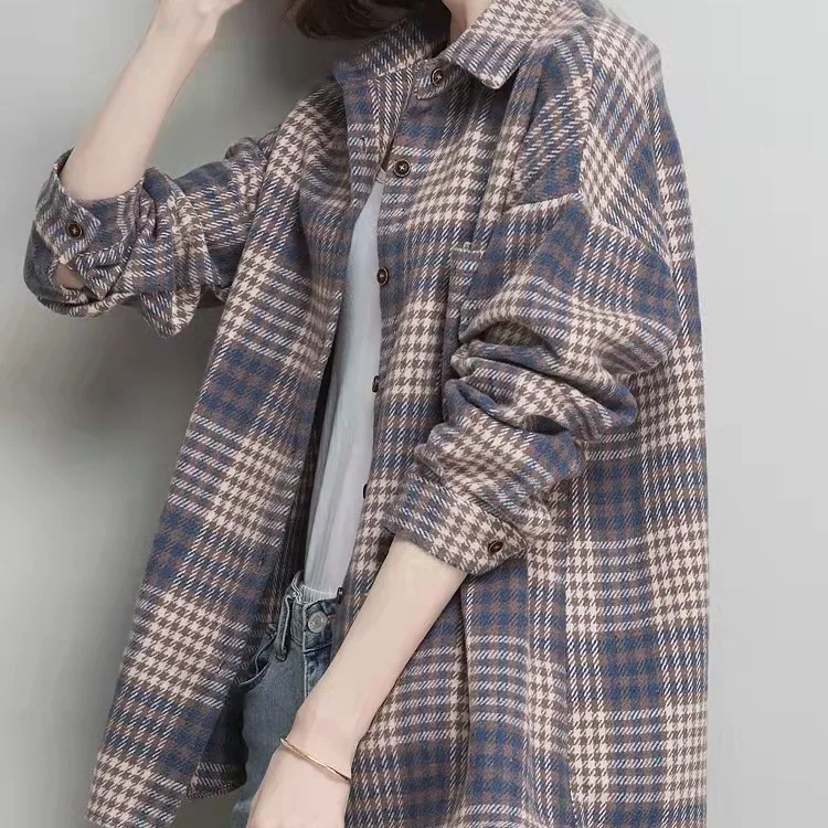 

Brushed Plaid Shirt Women Spring and Autumn Wear 2021 New Style Outer Wear Early Autumn Tops All-Match Stacking Shirt Jacket