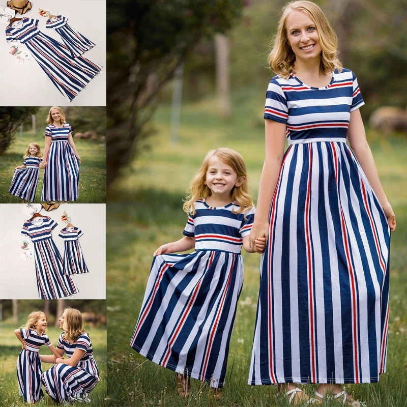 

Summer Casual Loose Clothing High Waist Round Neck Short Sleeve Striped Stitching Long Dress for Mother Daughter Family