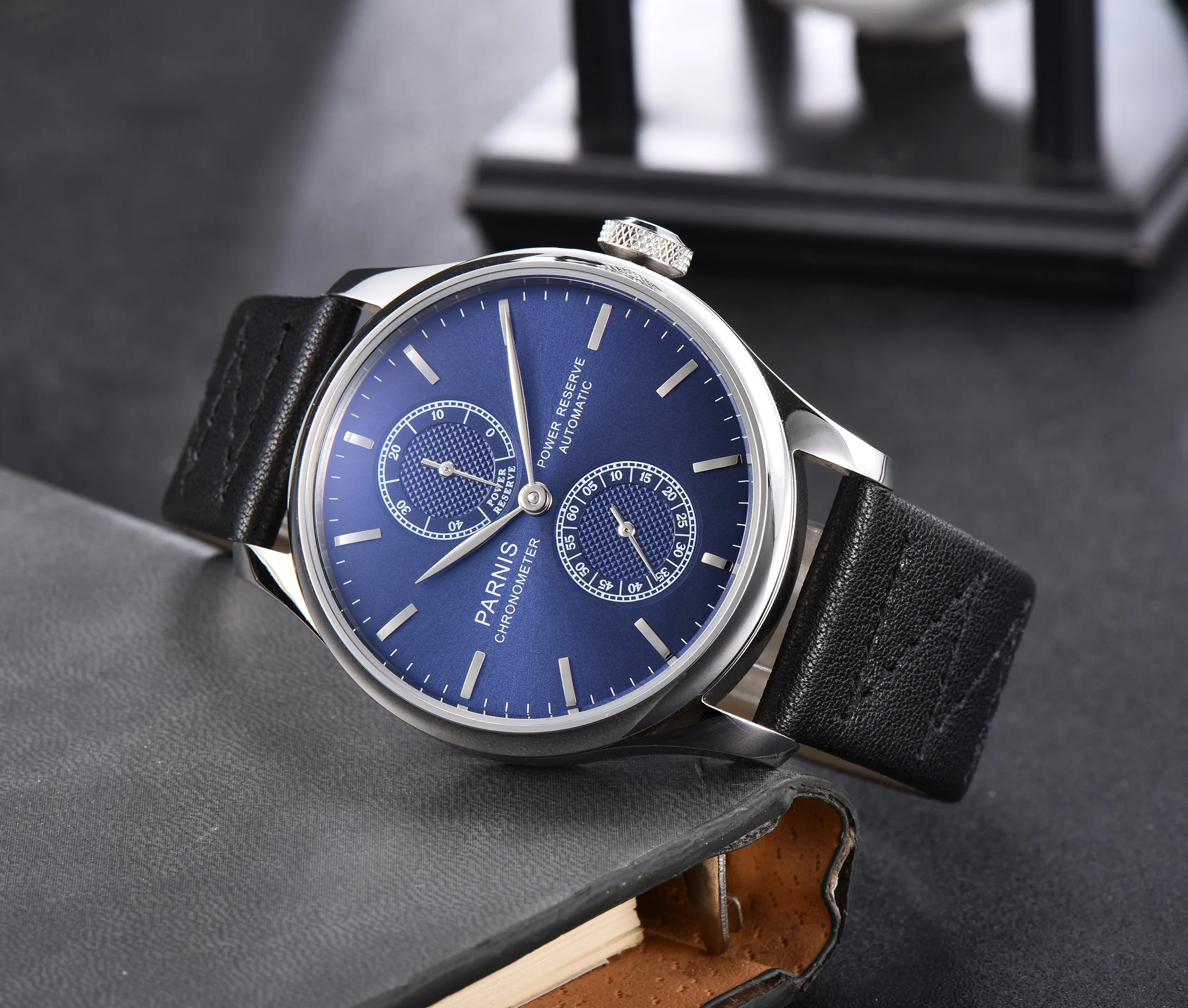 Мужские автоматические часы PARNIS 43 мм с индикатором заряда классический