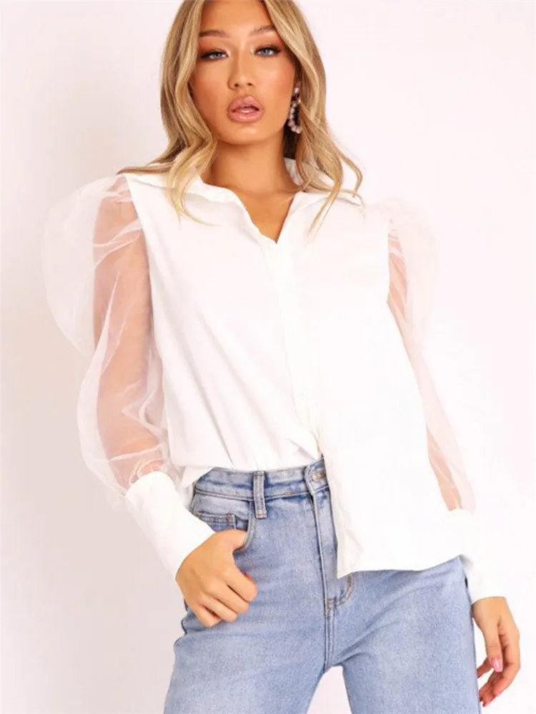 Модные женские топы и блузки элегантные сетчатые пышные рубашки с длинным