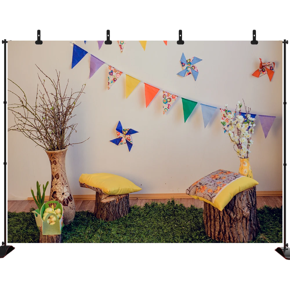 

Spring Easter Photo Backdrop Colourful Eggs Windmill Flowers in the Garden Photography Backdgrounds Photoshoot Studio Banner