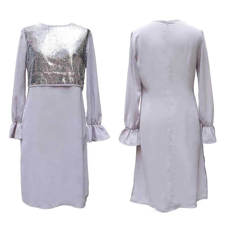 

WEPBEL Muslim Casual Stitching Solid Color Suit Women's O-Neck Flared Sleeves Long Tops + Elastic Waist Straight Pants Suit