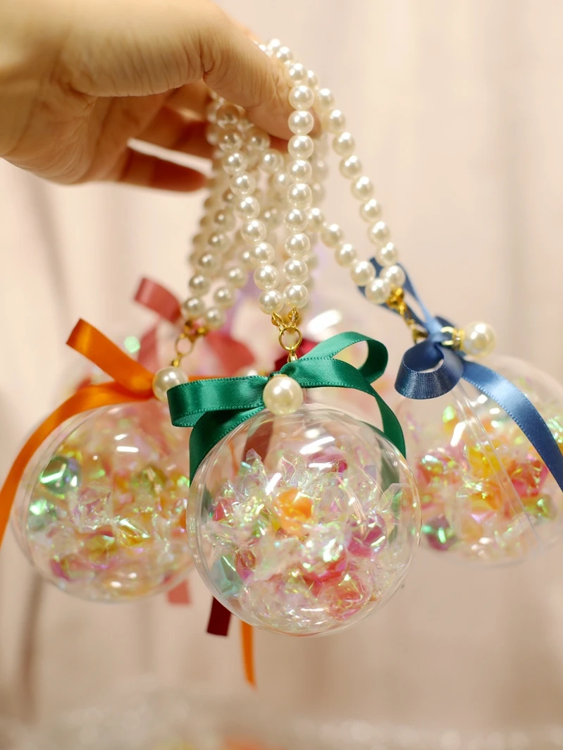New Brand Cute Clear Ornament Gift Ball Candy Bag with Pearl Hand for Christmas Decorations Can Open Plastic Package 10pcs/Lot