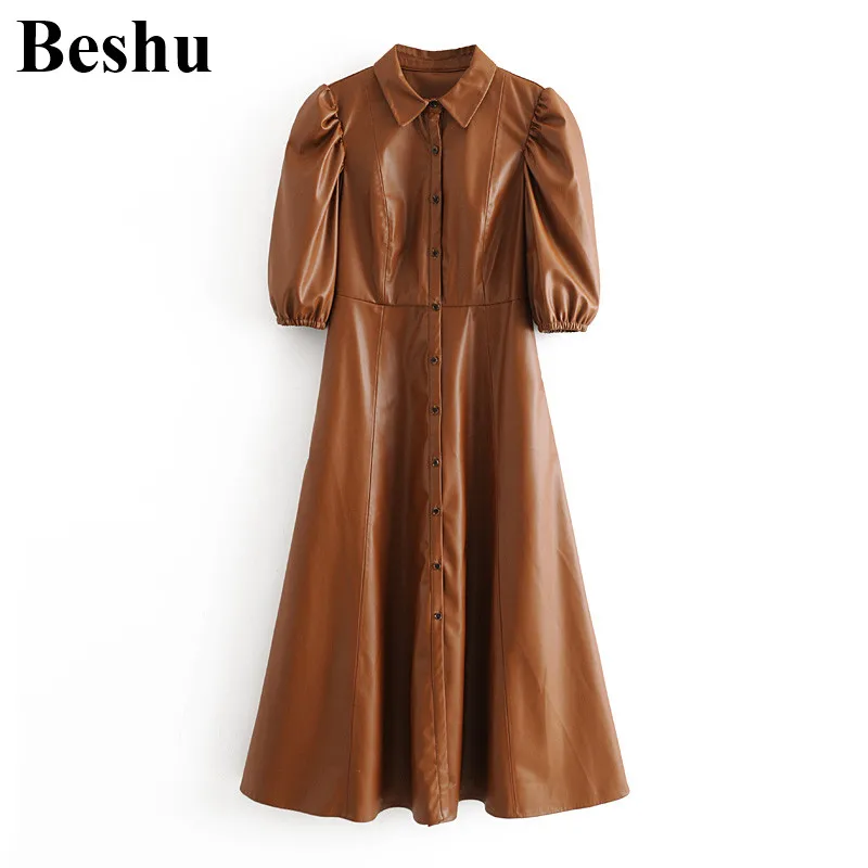 Za 2020 модное женское платье миди коричневого цвета из искусственной кожи с