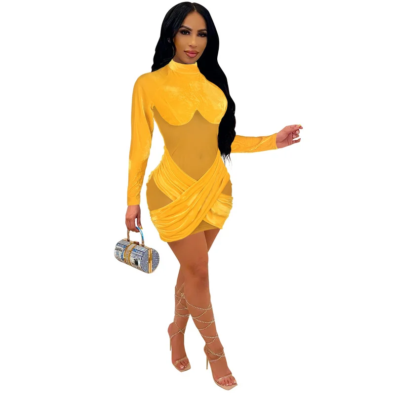 

Sheer Mesh Patchwork Velvet Elastic Bandage Dress Women High Neck Long Sleeve Party Dresses Sexy See Through Party Club Outfits