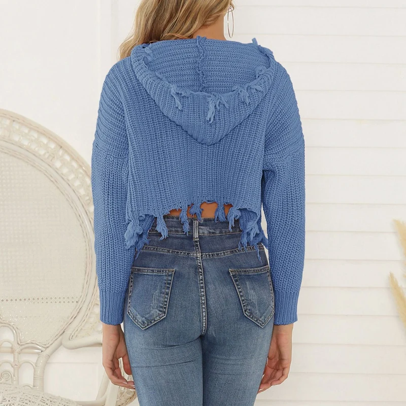 

Sexy Ripped Solid Women Knitwear Cardigan Long Sleeve Zipper Drawstring Hooded Casual Loose Crop Sweaters Tops